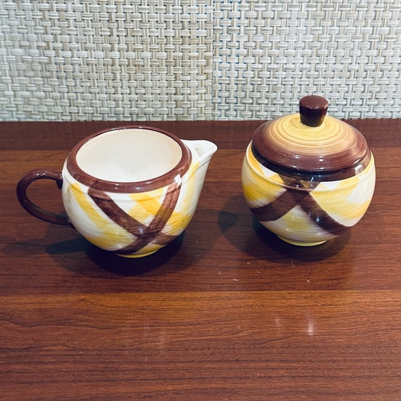 🍁🌟HP🌟VTG 1950s Cream & Sugar Homespun Glazed Ceramic Set by Vernon Kilns CA - Picture 1 of 9